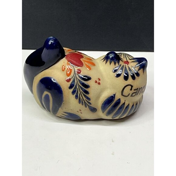 Mexican Tonala Cat Figurine Flower Folk Art Pottery Hand Painted Cancun 4” - Picture 5 of 11